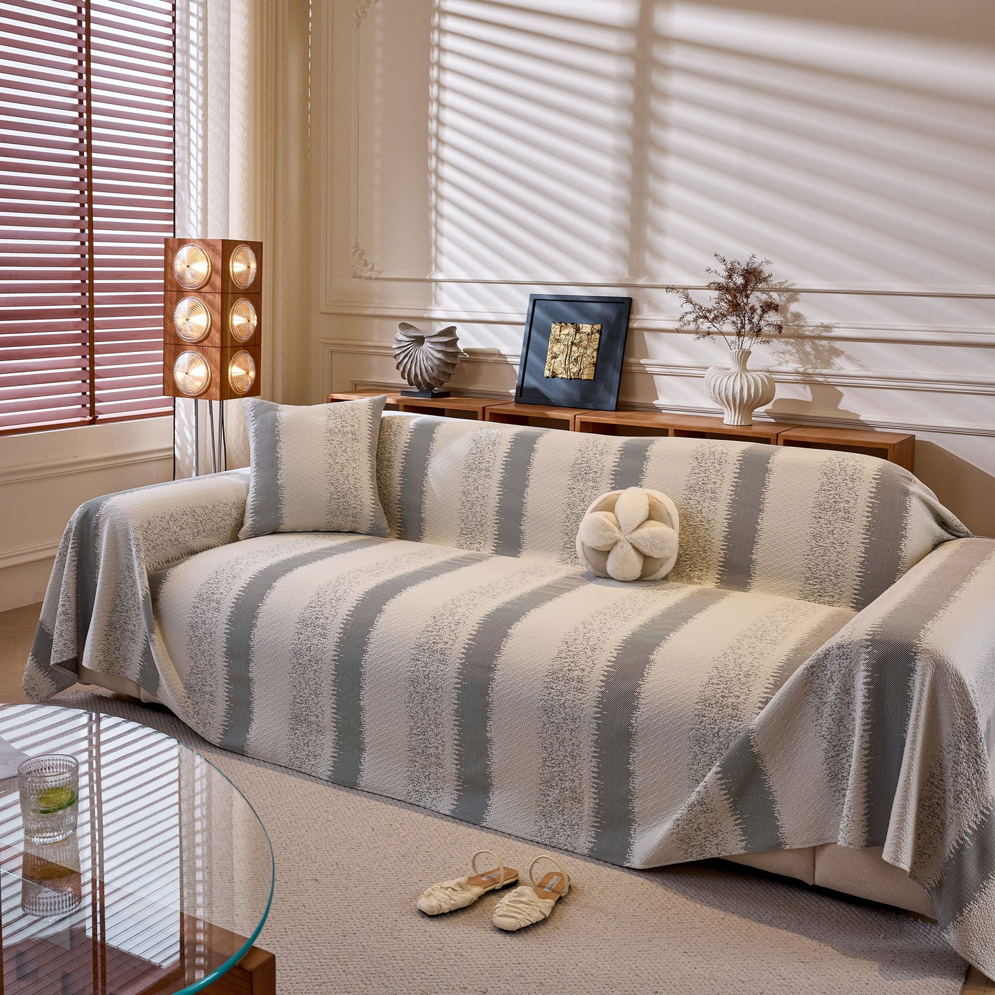 Modern Striped Couch Protector Blanket, Furniture Slipcover for L Shaped Sectionals