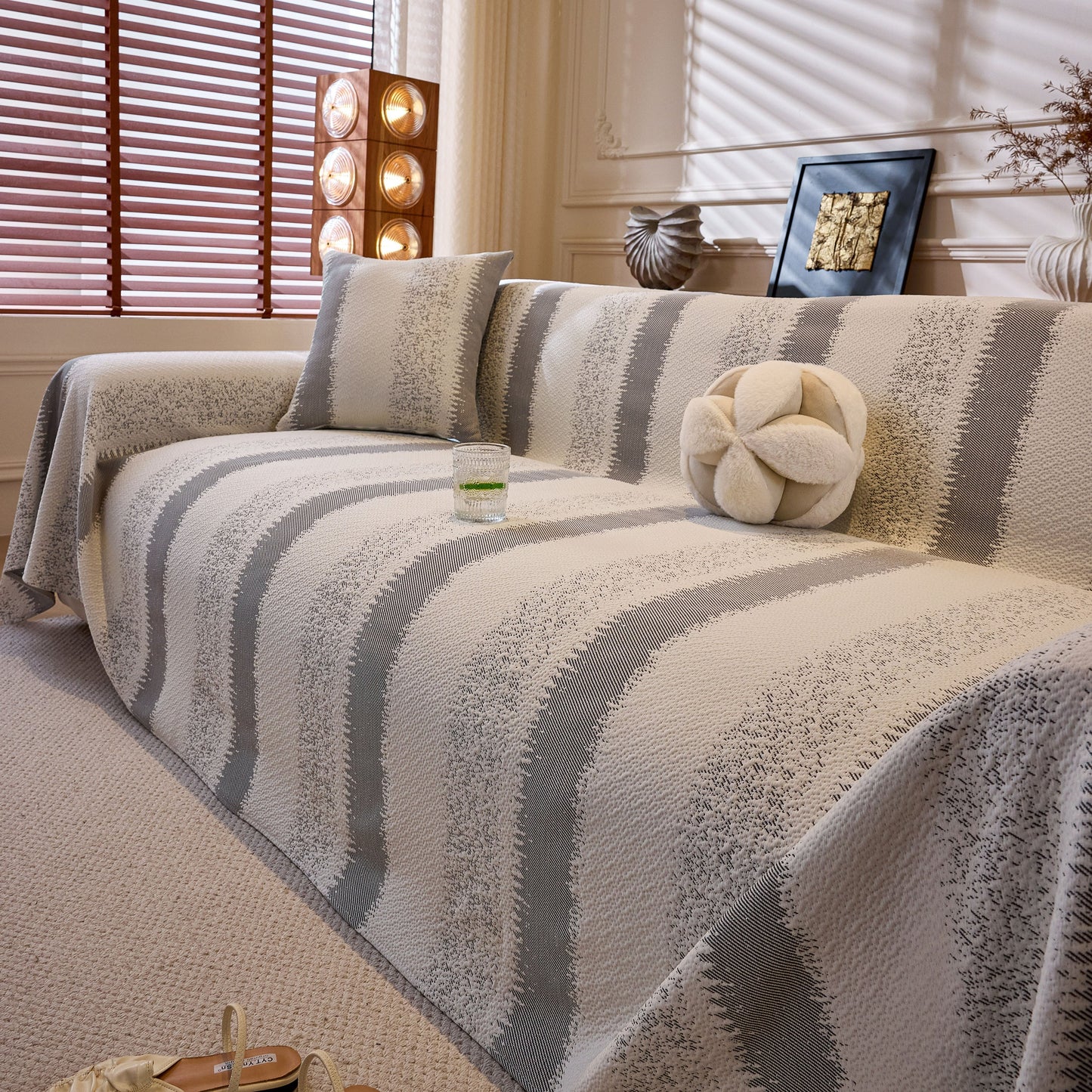 Modern Striped Couch Protector Blanket, Furniture Slipcover for L Shaped Sectionals