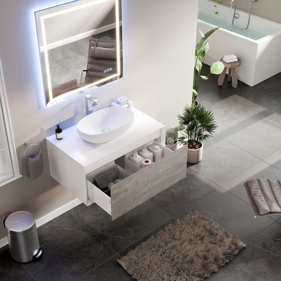 Eviva Santa Monica Wall Mount Bath Vanity with Acrylic Top and Vessel Solid Surface Sink (30"-36")