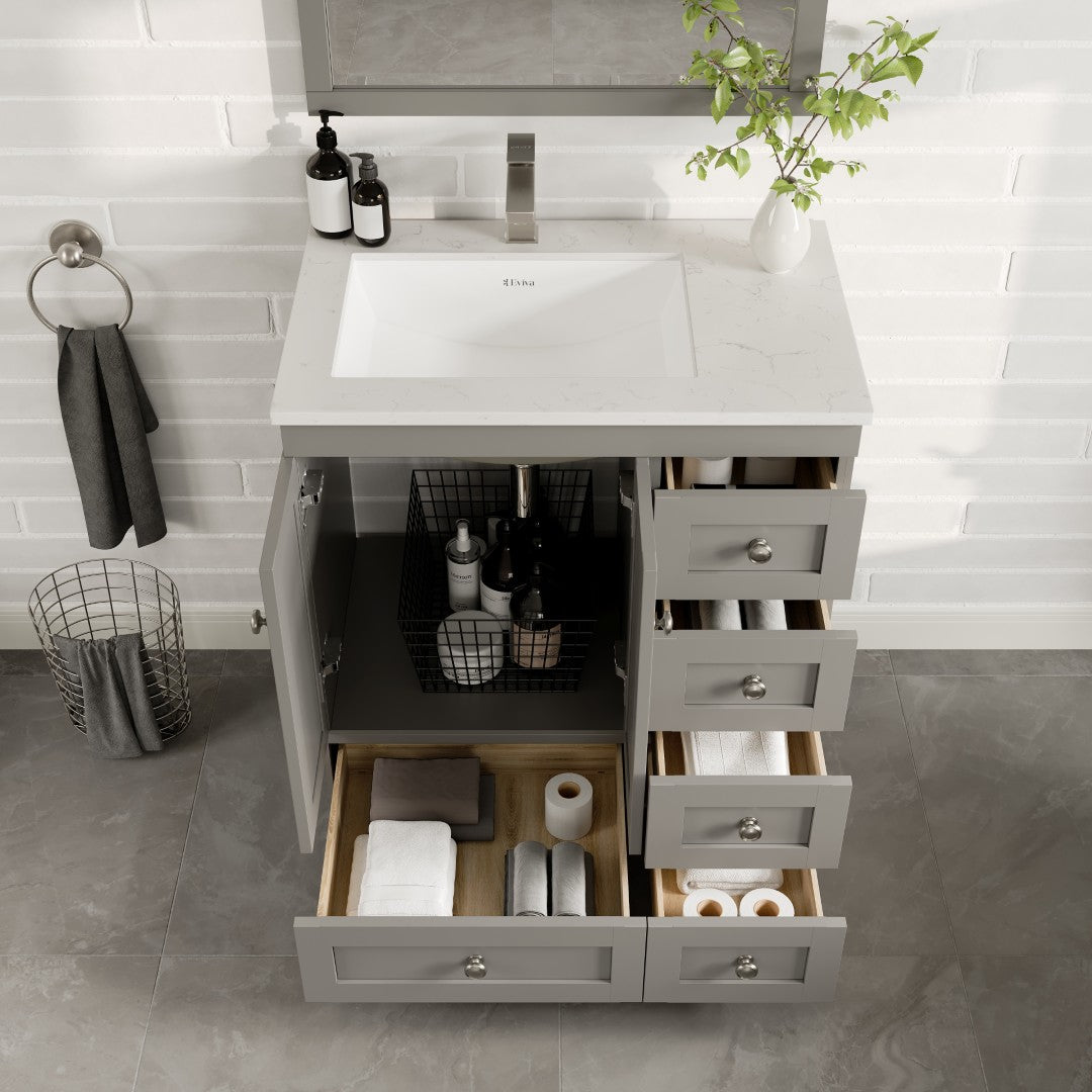 Eviva Happy Bath Vanity with Carrara Quartz Top and Undermount Porcelain Sink (24"-30")