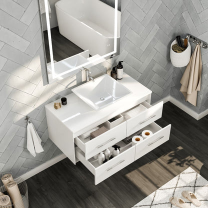 Eviva Wave Wall Mount Bath Vanity with White Quartz Top and Vessel Porcelain Sink (24"-72")