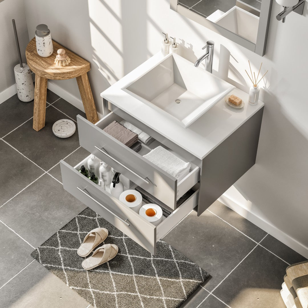 Eviva Wave Wall Mount Bath Vanity with White Quartz Top and Vessel Porcelain Sink (24"-72")