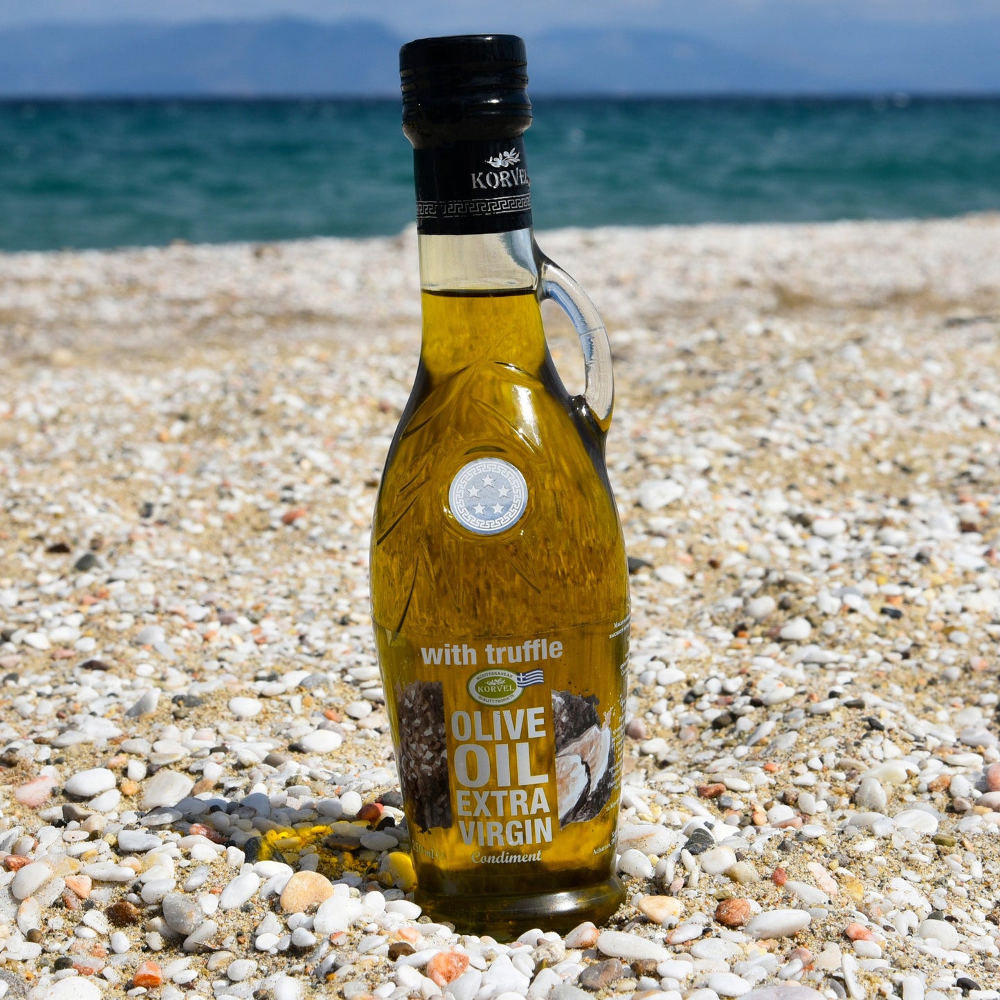 KORVEL Greek Extra Virgin Olive Oil with Truffle-flavored, Amphora 8.45 fl oz (250ml) - 6 pack