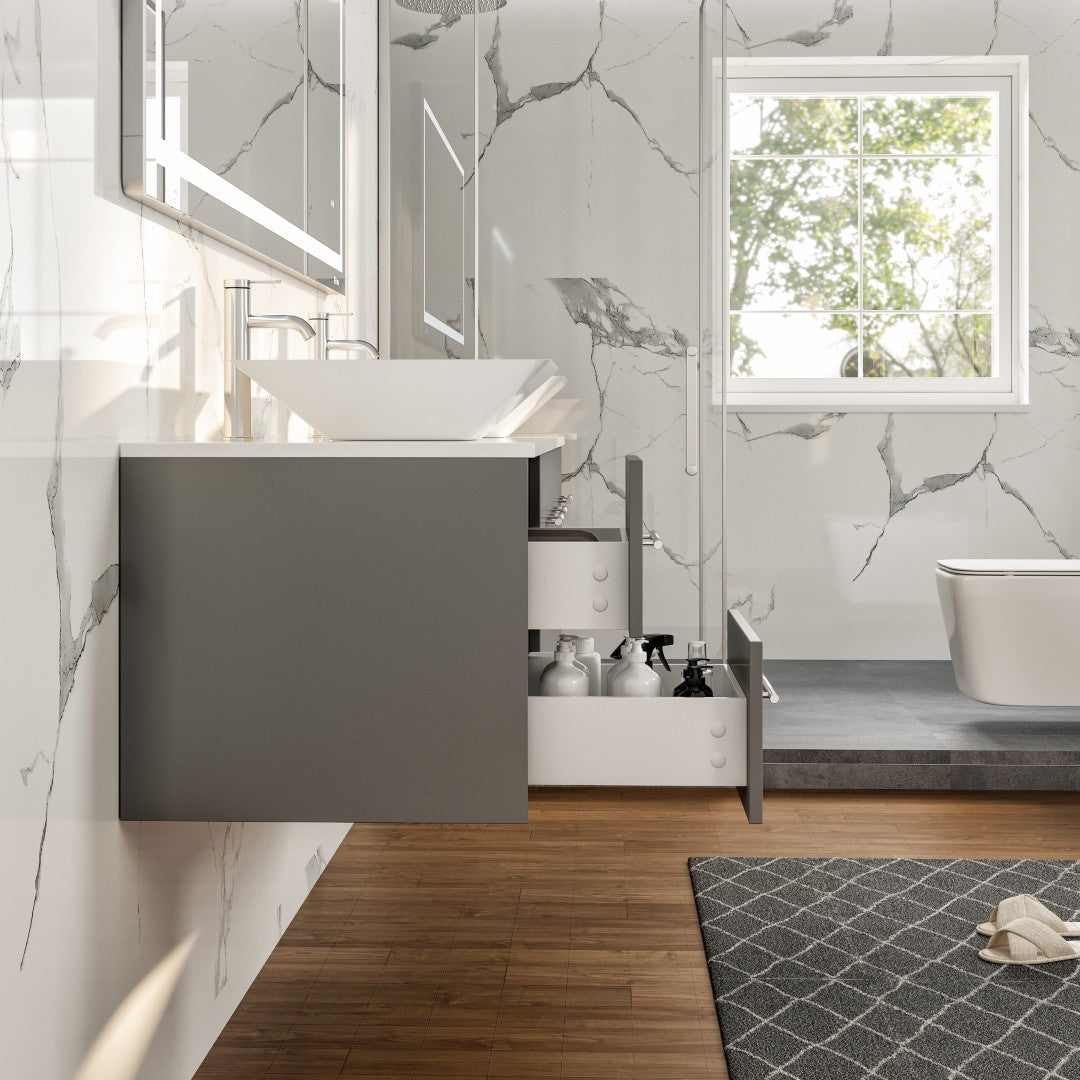 Eviva Wave Wall Mount Bath Vanity with White Quartz Top and Vessel Porcelain Sink (24"-72")