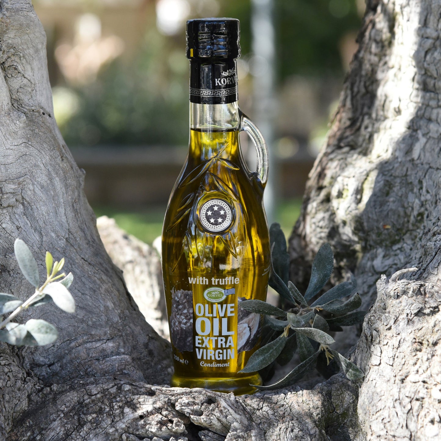 KORVEL Greek Extra Virgin Olive Oil with Truffle-flavored, Amphora 8.45 fl oz (250ml) - 6 pack