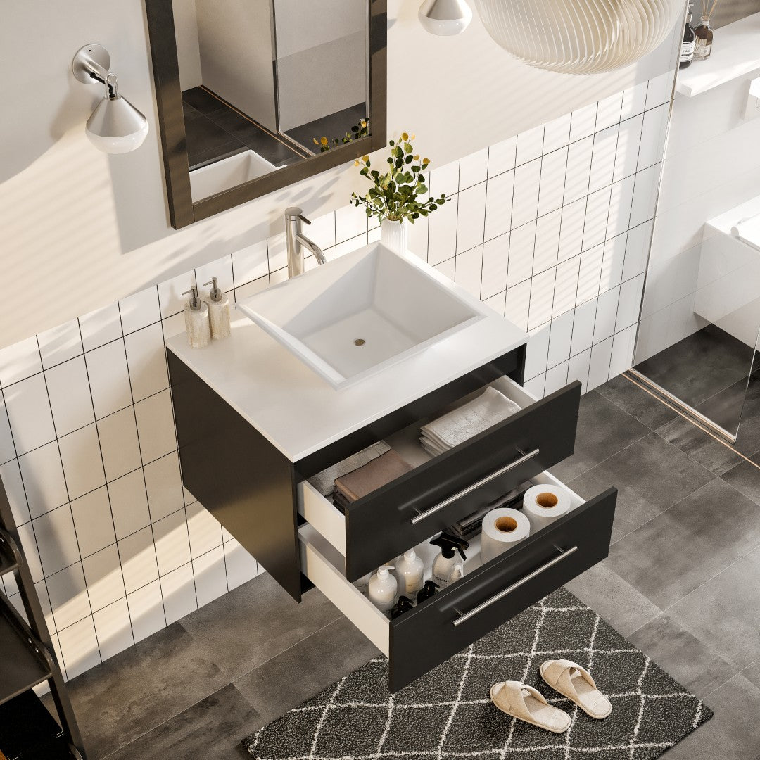 Eviva Wave Wall Mount Bath Vanity with White Quartz Top and Vessel Porcelain Sink (24"-72")