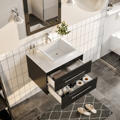 Eviva Wave Wall Mount Bath Vanity with White Quartz Top and Vessel Porcelain Sink (24"-72")