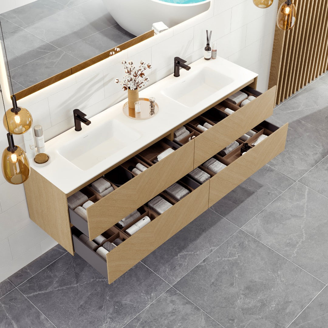 Eviva Lotus Wall Mount Bath Vanity with Solid Surface Top and Integrated Sink (30"-71")