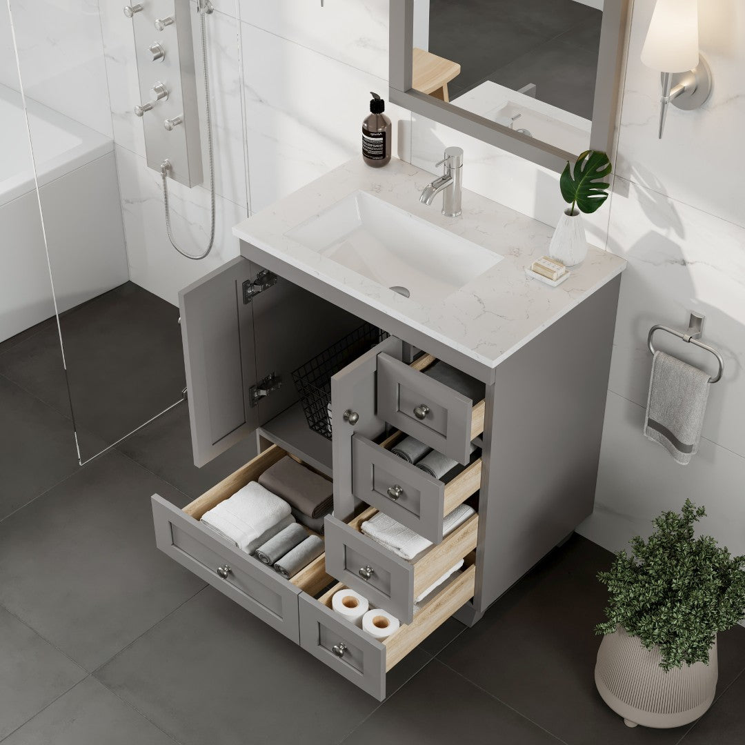 Eviva Happy Bath Vanity with Carrara Quartz Top and Undermount Porcelain Sink (24"-30")