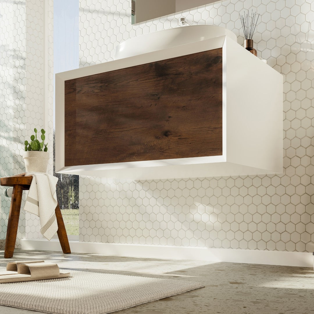 Eviva Santa Monica Wall Mount Bath Vanity with Acrylic Top and Vessel Solid Surface Sink (30"-36")