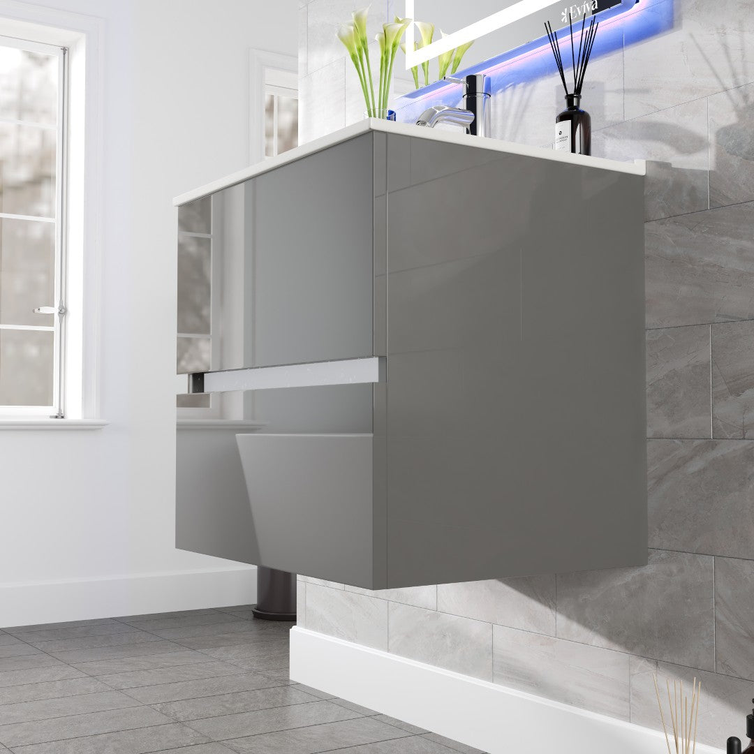 Eviva Ikaro Wall Mount Bath Vanity with Porcelain Top and Integrated Sink
