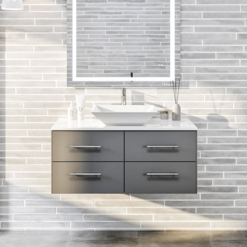 Eviva Wave Wall Mount Bath Vanity with White Quartz Top and Vessel Porcelain Sink (24"-72")