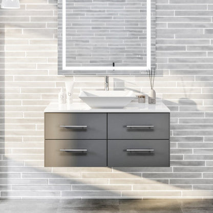 Eviva Wave Wall Mount Bath Vanity with White Quartz Top and Vessel Porcelain Sink (24"-72")