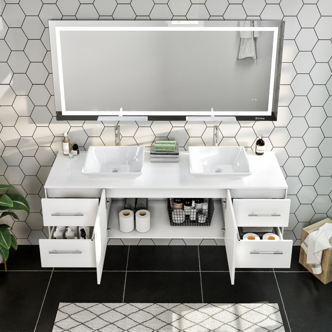 Eviva Wave Wall Mount Bath Vanity with White Quartz Top and Vessel Porcelain Sink (24"-72")