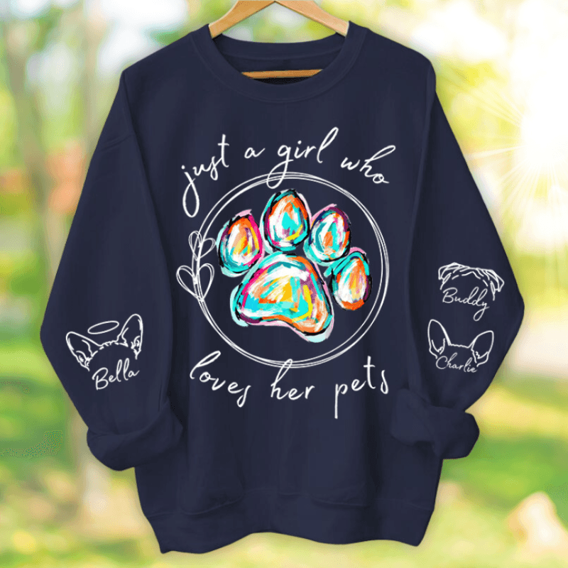 Custom Dog Sleeve Printed Sweater - Just A Girl Who Loves Her Dogs - Personalized Gift/Tshirt for Dog Lover, Owner, Dog Dad, Dog Mom | Up to 5 Pets