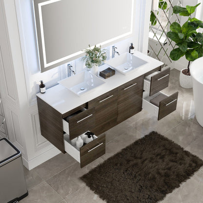 Eviva Luxurious Wall Mount Bath Vanity with White Quartz Top and Vessel Porcelain Sinks