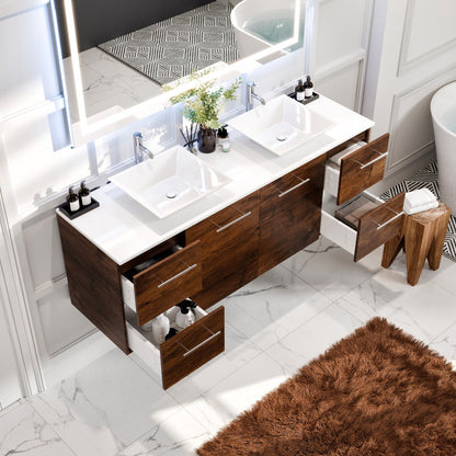 Eviva Luxurious Wall Mount Bath Vanity with White Quartz Top and Vessel Porcelain Sinks