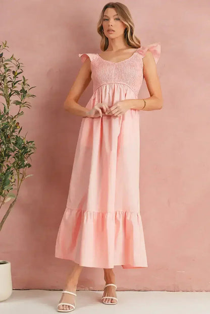 Black V Neck Flutter Sleeve Smocked Bodice High Waist Ruffle Maxi Dress