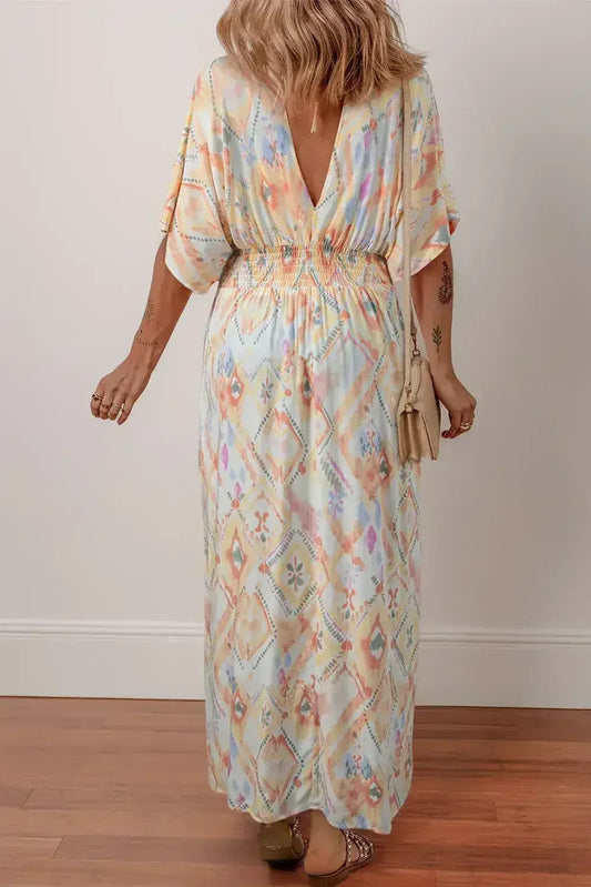 Multicolour Geometric Print Half Sleeve High Waist Maxi Dress