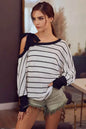 BiBi Stripe Yarn Dye Waffle One Shoulder Women's Top with Ribbon Detail