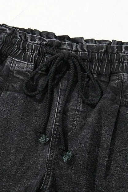 Grey Drawstring High Waist Casual Denim Shorts