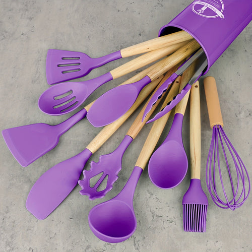 12Piece Silicone Kitchen Utensil Set with Wooden Handles
