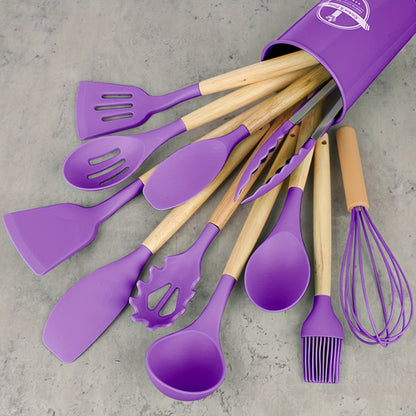 12Piece Silicone Kitchen Utensil Set with Wooden Handles
