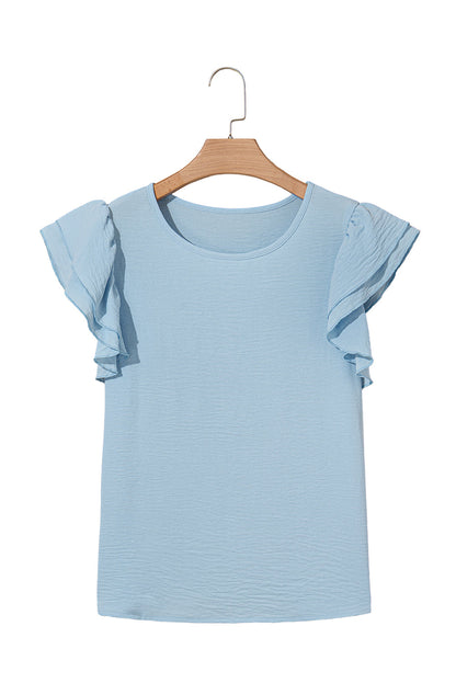 Aqua Ruffle Sleeve Blouse - Clearly Aqua Solid Color Crinkled Top