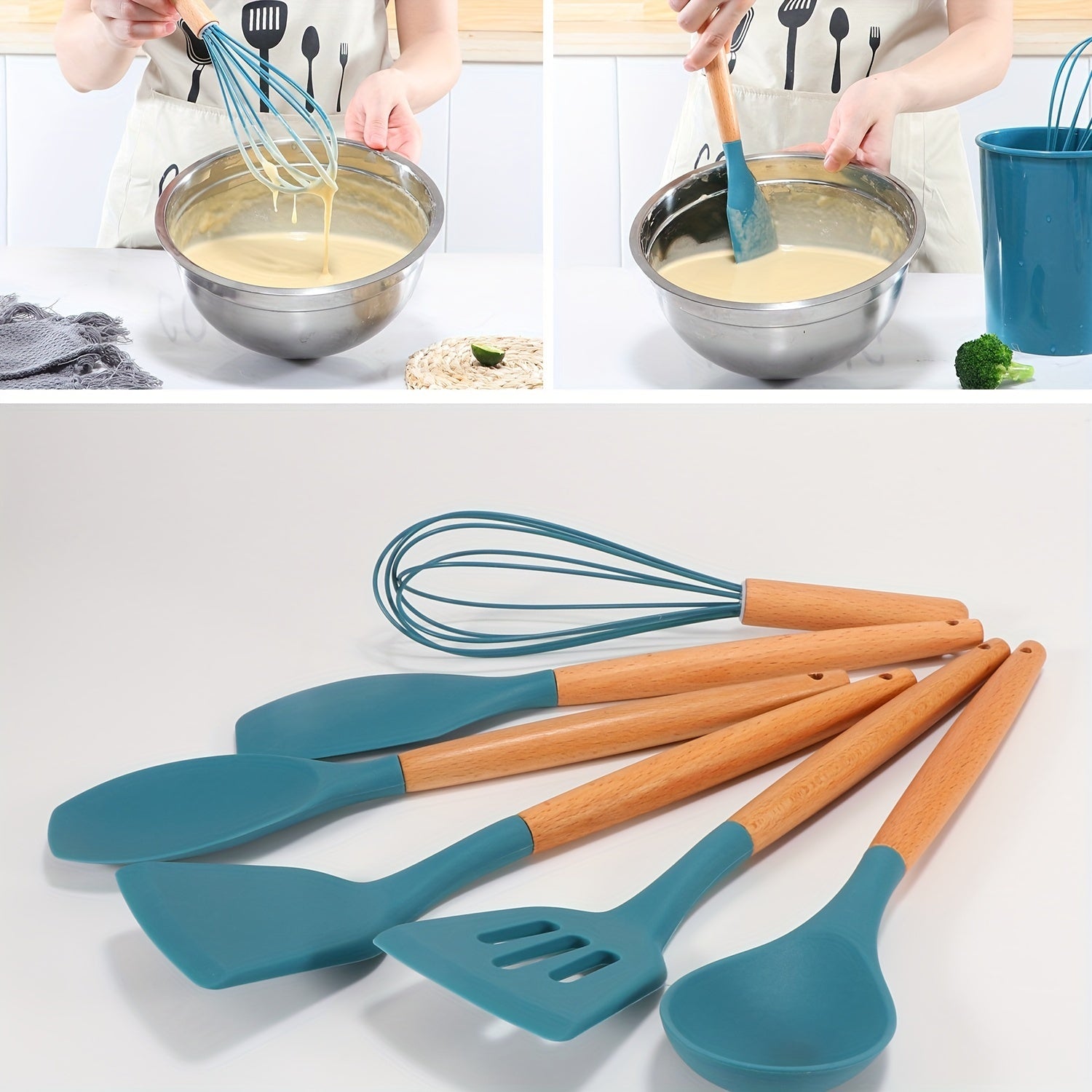 blue and wood spatula set