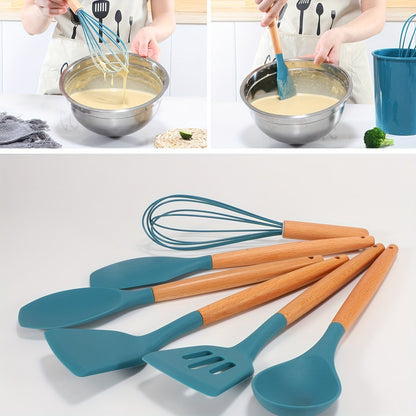 blue and wood spatula set