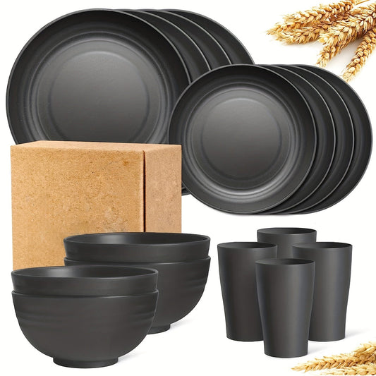 A 16-piece black dinnerware set including plates, bowls, and cups, made from wheat straw, displayed with packaging.