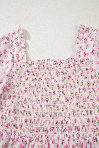 White Frill Neckline Shirred Bodice Floral Maxi Dress