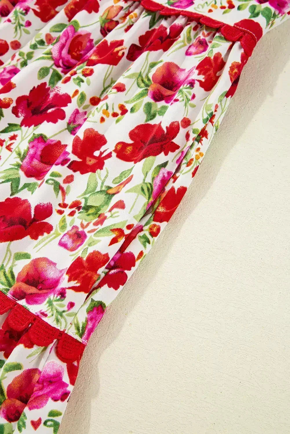 Red Floral Puff Sleeve Tiered Ric Rac Pocketed Mini Dress