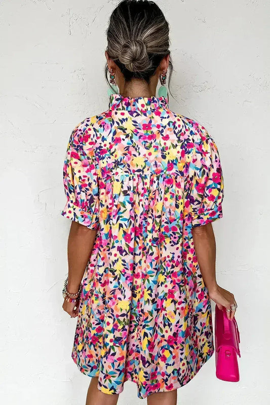 Pink Floral Puff Short Sleeve V Neck Mini Dress
