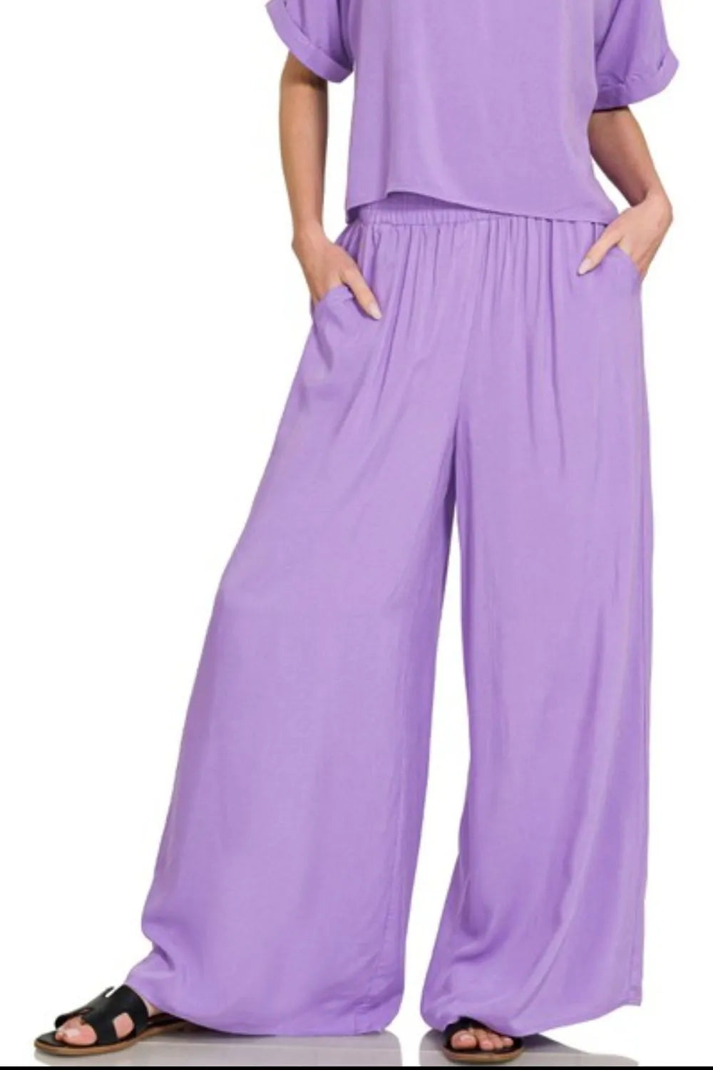 Zenana Round Neck T-Shirt and Wide Leg Pants Set - Lavender