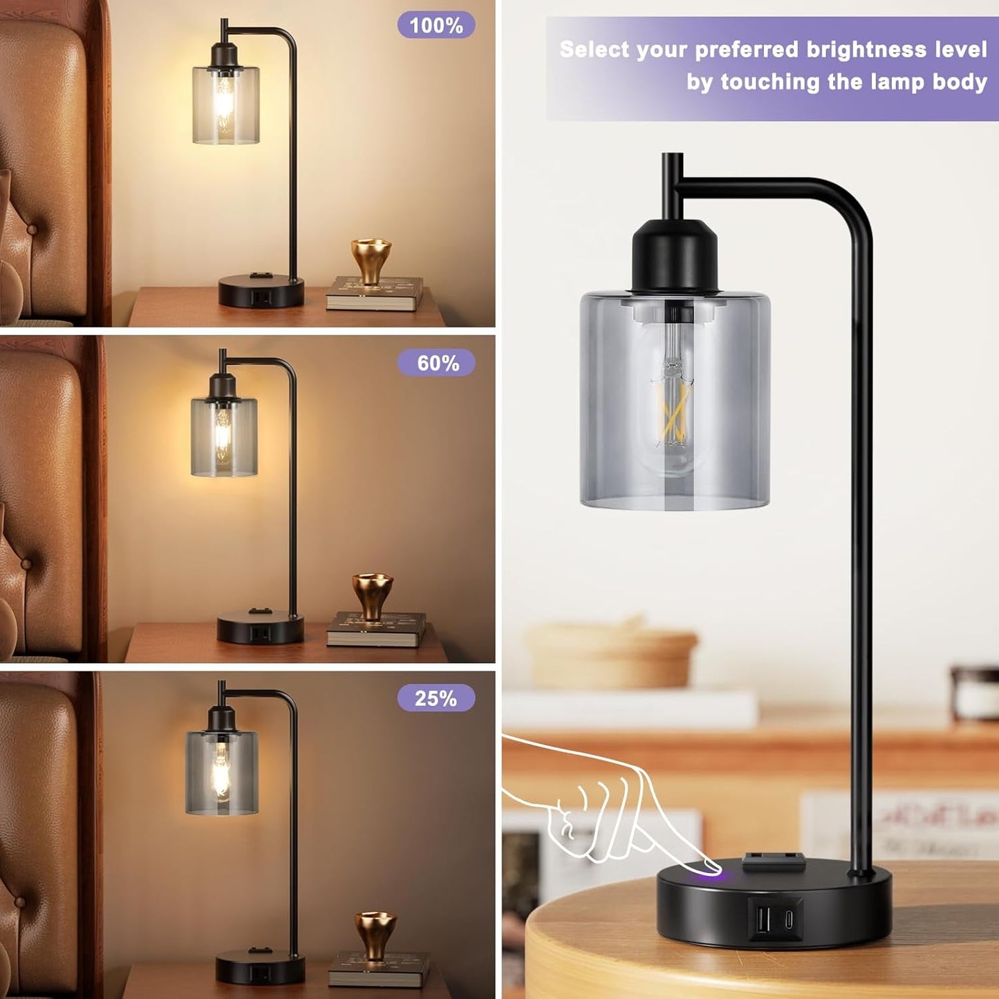 Industrial Touch Bedroom Lamps for Bedrooms Set of 2-3-Way Dimmable | Lighting | Kitchen + Metal