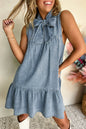 Beau Blue Bowknot Neck Ruffle Sleeveless Mini Dress