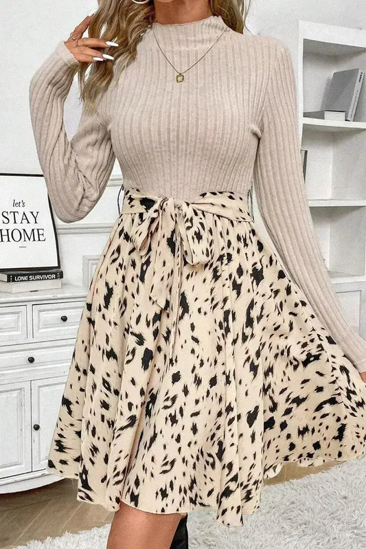 Beige Ribbed Knit Belted A-line Dress with Patchwork Print