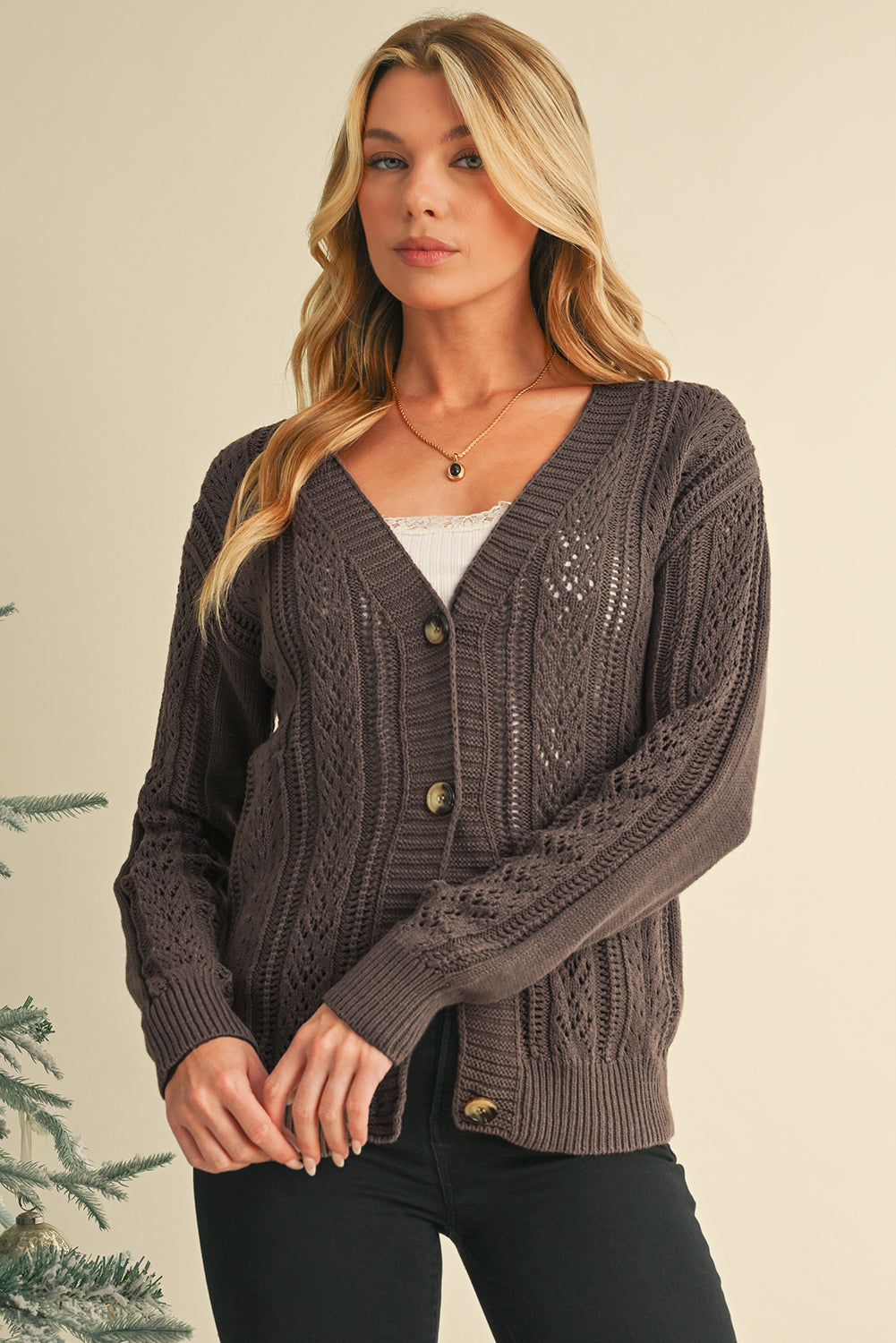 Dark Khaki Cardigan - Hollow Knit Drop Shoulder Style