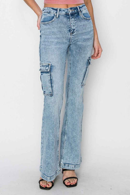 RISEN Full Size High Rise Cargo Flare Jeans for Women