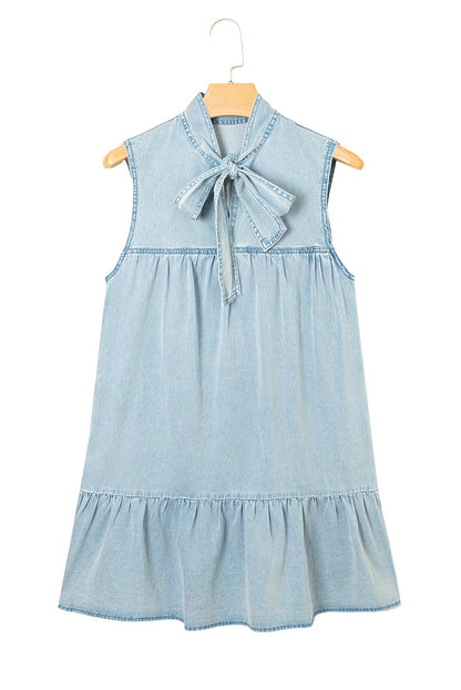 Beau Blue Bowknot Neck Ruffle Sleeveless Mini Dress