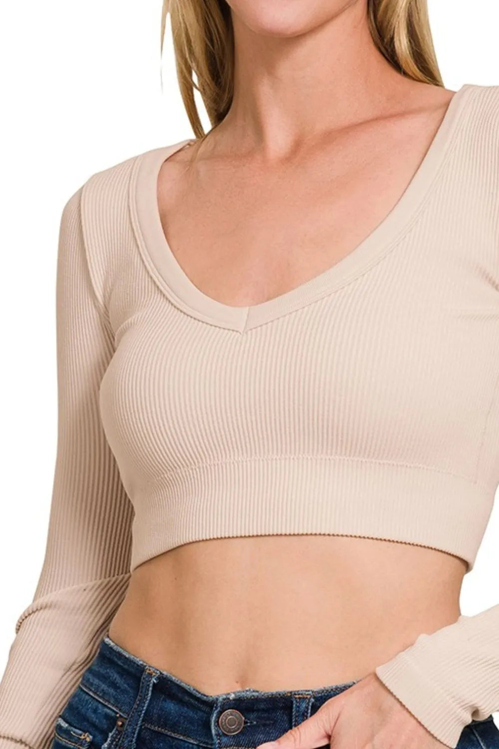 Zenana Seamless Fitted Rib V-neck Long Sleeve Crop Top in Sand