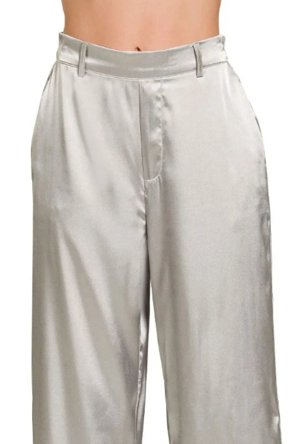 Zenana Wide-Leg Satin Pants in Silver