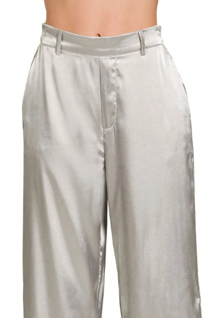 Zenana Wide-Leg Satin Pants in Silver