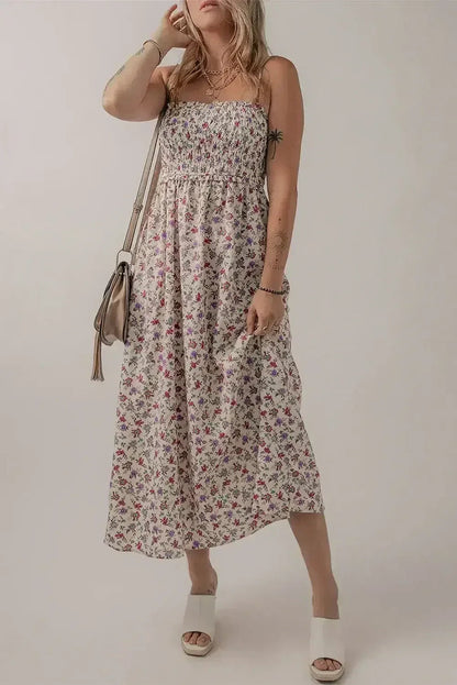 Multicolour Boho Floral Print Spaghetti Strap Flare Midi Dress