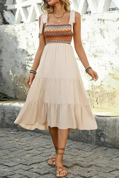 Jet Stream Ethnic Patchwork Knot Strap Midi Dress