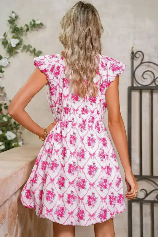 Multicolour Boho Bow Floral Print Knot V Neck Mini Dress
