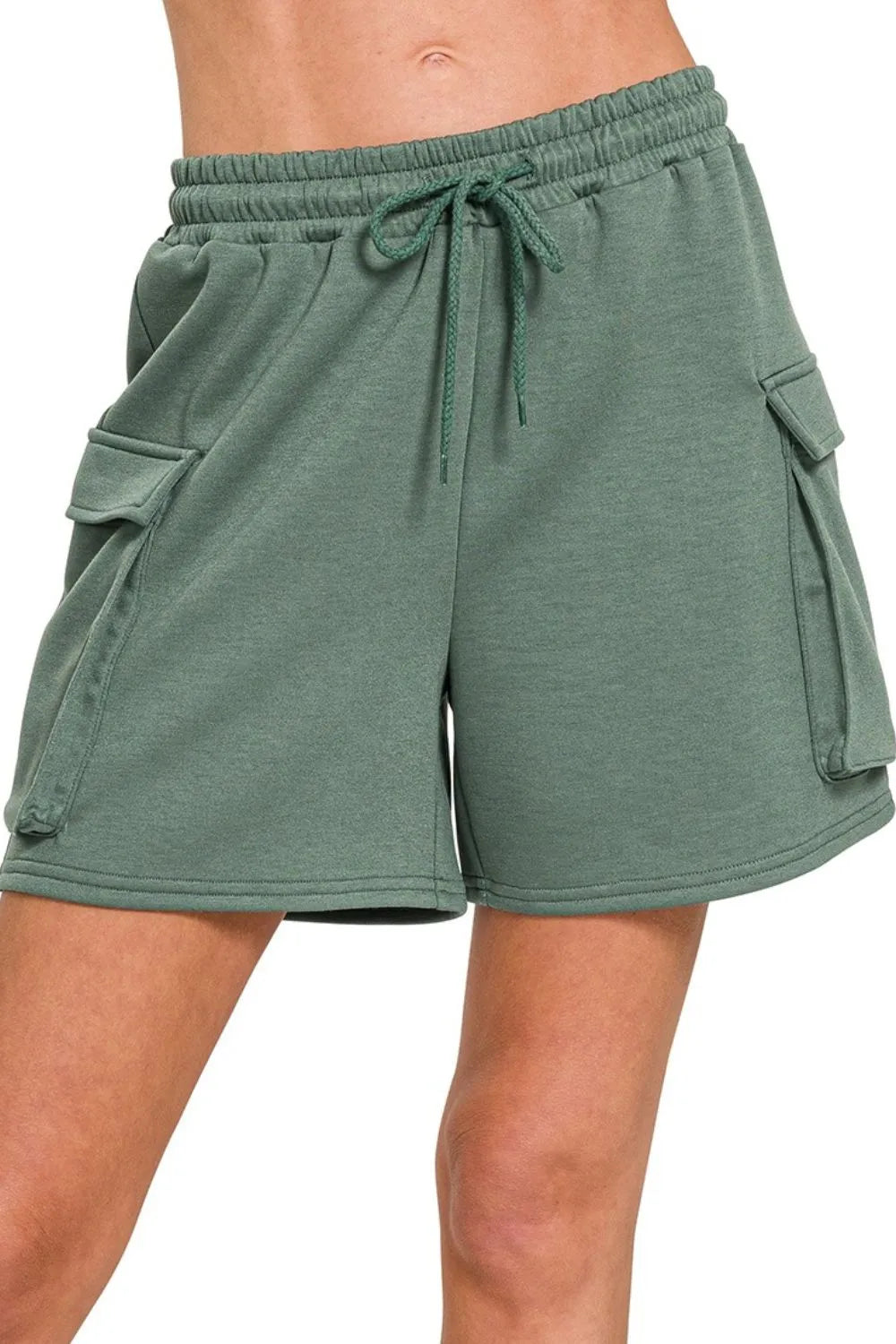 Zenana Scuba Thigh Pocket Shorts in Green
