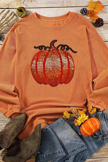 Sequin Pumpkin Round Neck Long Sleeve Sweatshirt