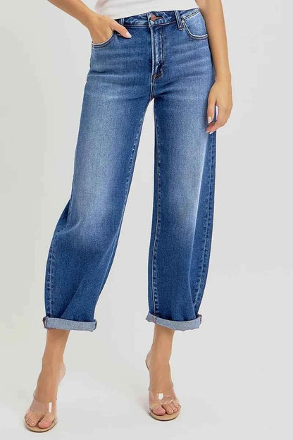 RISEN Plus Size High Rise Jeans Full Size Crop Mild Barrel Fit Women's Denim